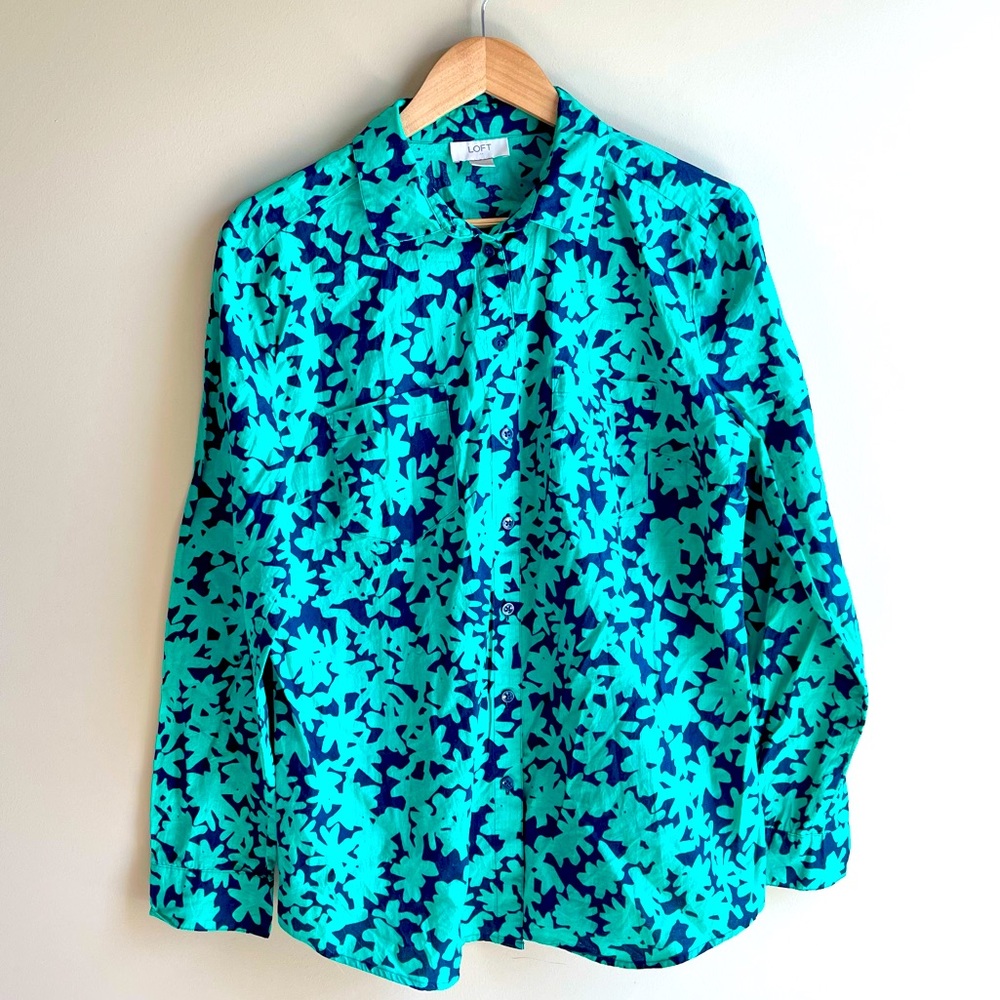 LOFT Navy and Green Floral Print Button Down Top